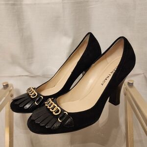 Ellen Tracy Banyan Black Leather and Suede Heels with Fringe